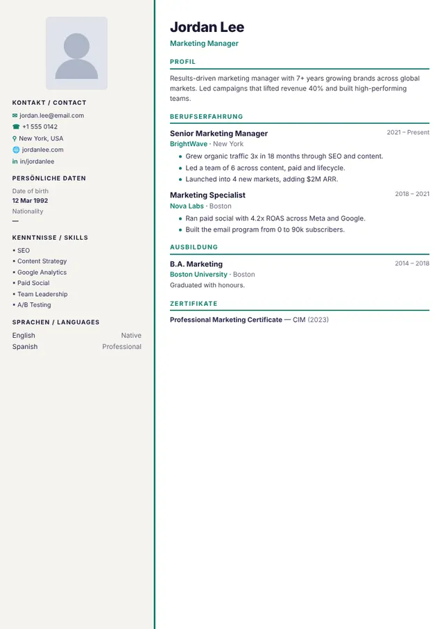 Berlin resume template Berlin resume template — preview with sample content