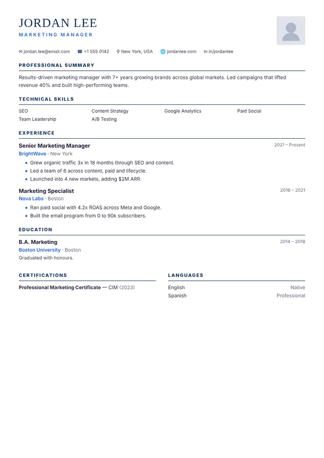 Blueprint resume template Blueprint resume template — preview with sample content