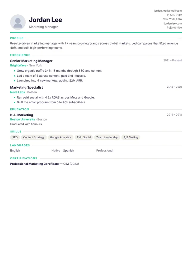 Compact resume template Compact resume template — preview with sample content