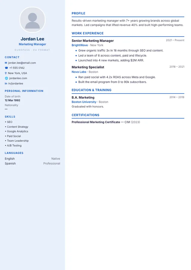 Europa resume template Europa resume template — preview with sample content