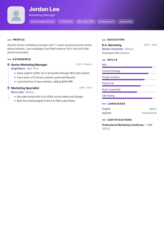 Nova resume template Nova resume template — preview with sample content
